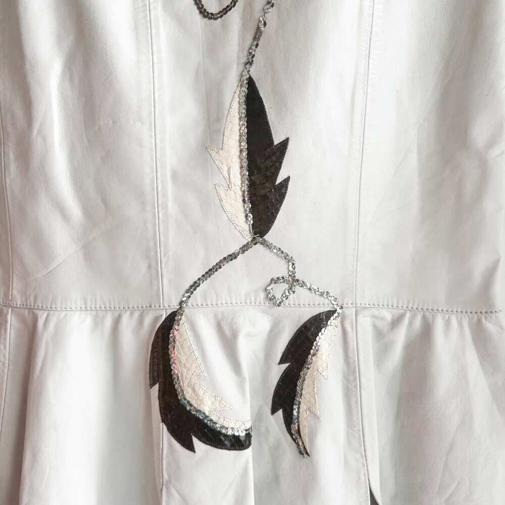 Vintage Kristin P Fashions White Leather Embroidered Sequin Skirt 10 - Picture 4 of 9